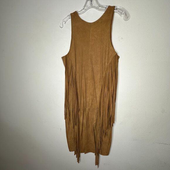 Belair Calvi Camel-Tan Goat Suede Sleeveless Fringed Scoop Neck Mini Dress T2 - Picture 6 of 16